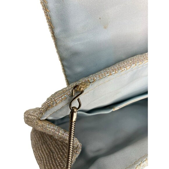 50's 60's  Vintage DeLill Beaded Evening Bag Iridescent White Purse Metal Strap - Picture 7 of 16